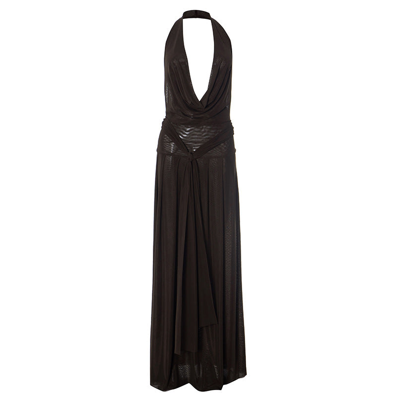 Cowl neck halter beaded slit maxi dress