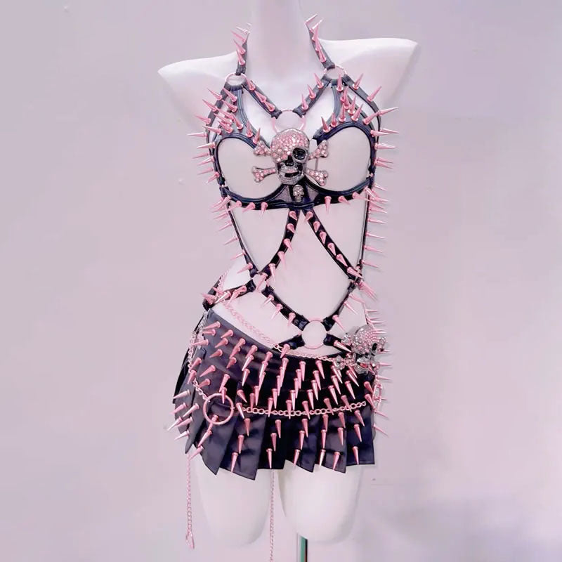 Halter o ring rivet PU leather zip-up mini skirt set