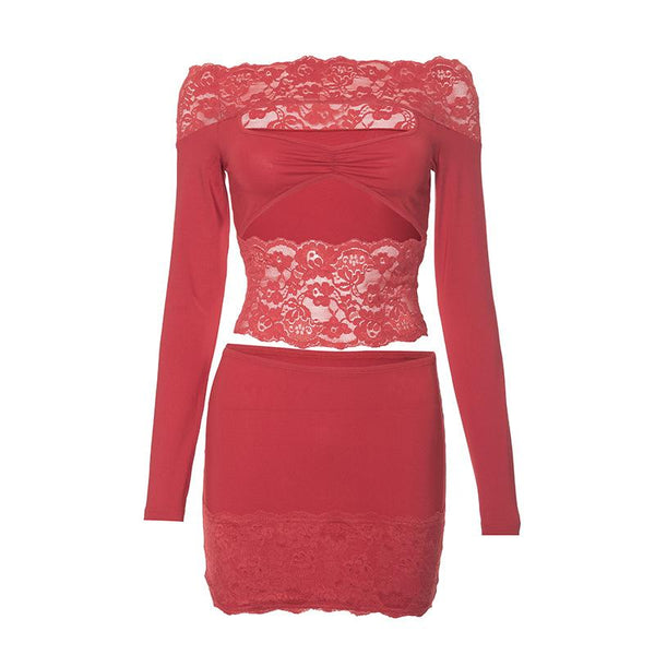 Long sleeve off shoulder lace patchwork hollow out mini skirt set