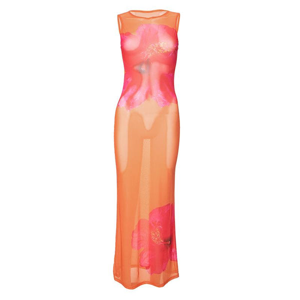 Sleeveless crewneck flower print sheer mesh maxi dress