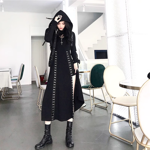 Long sleeve o ring self tie hoodie button high slit maxi dress