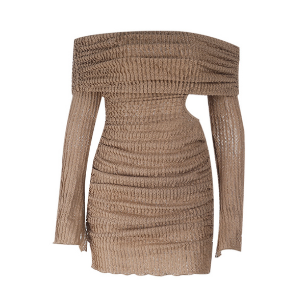 Textured long sleeve off shoulder hollow out mini dress