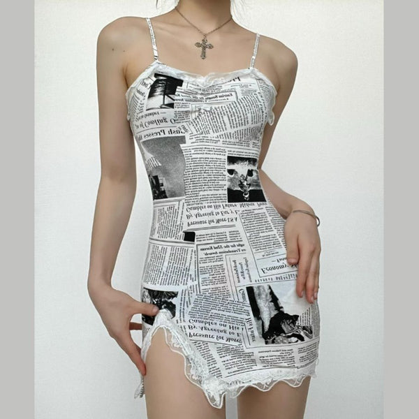 Hem lace newspaper print slit cami dress