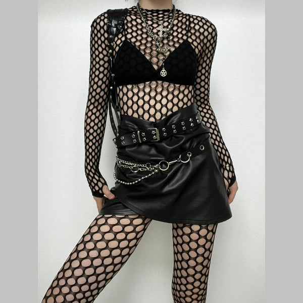 Fishnet long sleeve hollow out see through backless jumpsuit goth Alternative Darkwave Fashion