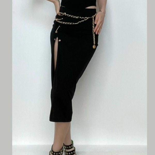 Solid high slit ruched pins midi skirt y2k 90s Revival Techno Fashion