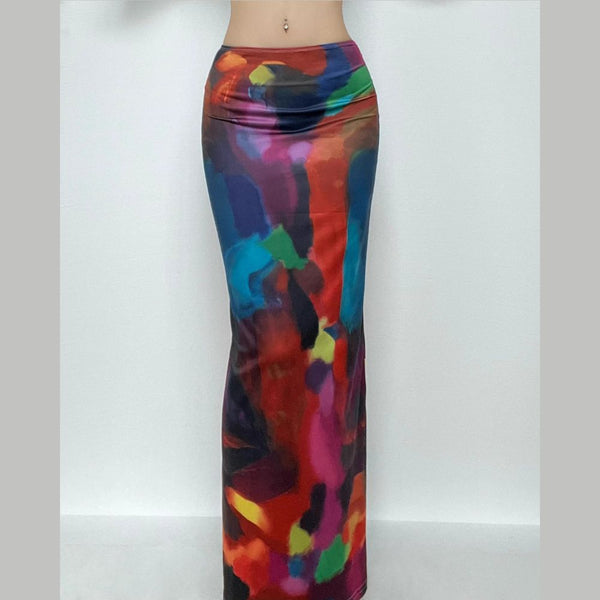 Abstract print low rise contrast maxi skirt y2k 90s Revival Techno Fashion