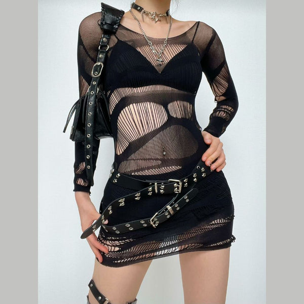 Off shoulder knitted see through long sleeve backless mini dress goth Alternative Darkwave Fashion