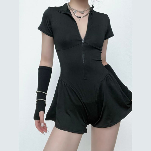 Corset short sleeve zip-up high neck contrast romper y2k 90s Revival Techno Fashion