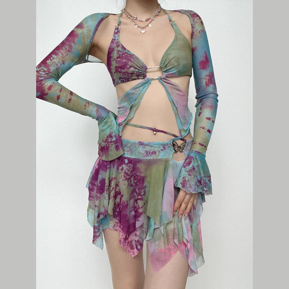 Flared Sleeve Tie Dye O Ring Self Tie Halter Low Cut Mini Skirt Set