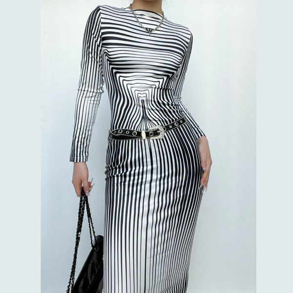 Striped print long sleeve crewneck contrast maxi dress