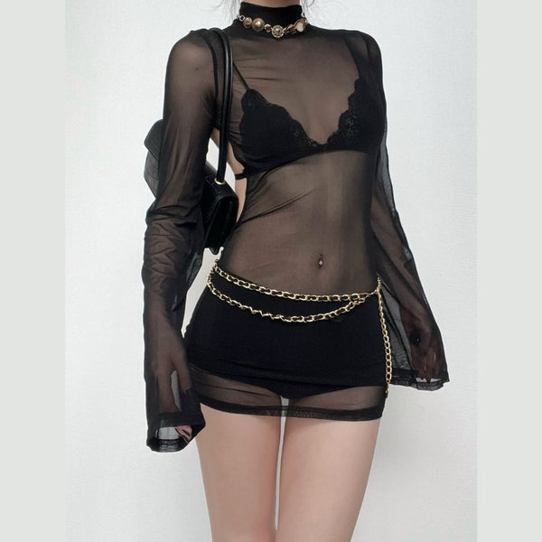 Sheer mesh flared sleeve see through high neck backless mini dress goth Alternative Darkwave Fashion