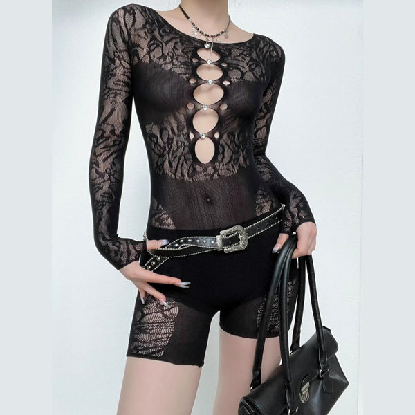 Hollow out long sleeve beaded fishnet see through solid romper