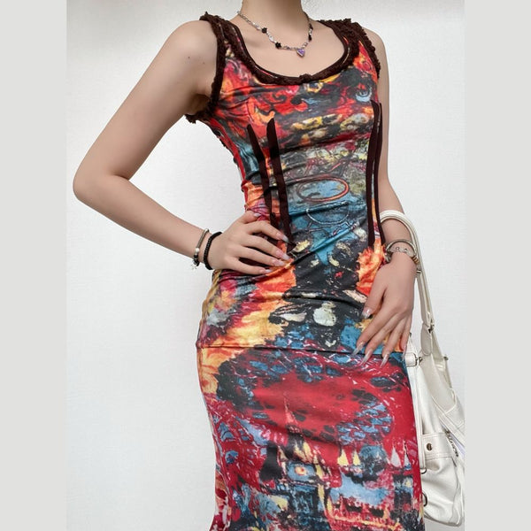 Abstract u neck ruffle self tie backless contrast maxi dress