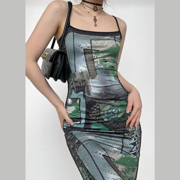 Abstract print contrast square neck backless cami midi dress