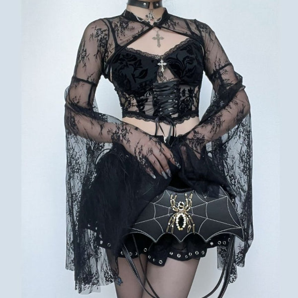 Button flared sleeve lace solid slit shrug crop top goth Alternative Darkwave Fashion goth Emo Darkwave Fashion
