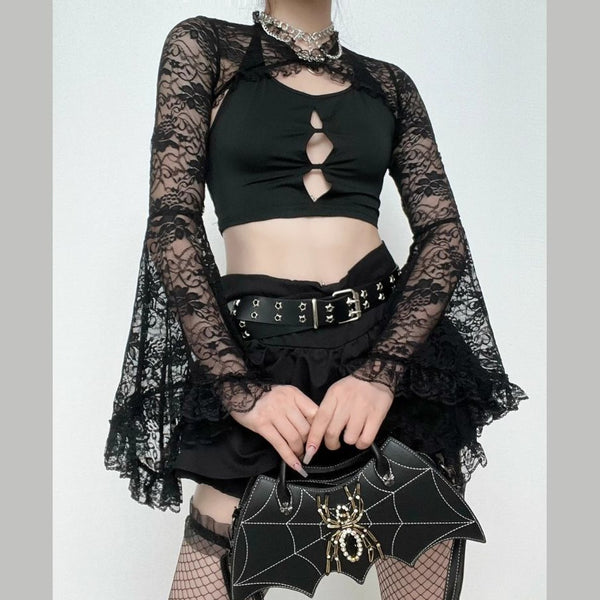 Solid flared sleeve lace hem button hollow out shrug top goth Alternative Darkwave Fashion