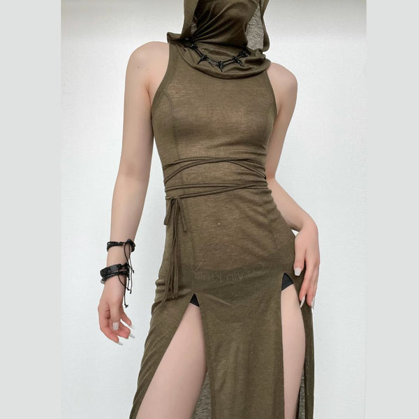 Hoodie sleeveless slit hollow out self tie cowl neck maxi dress cyberpunk Sci-Fi punk Fashion