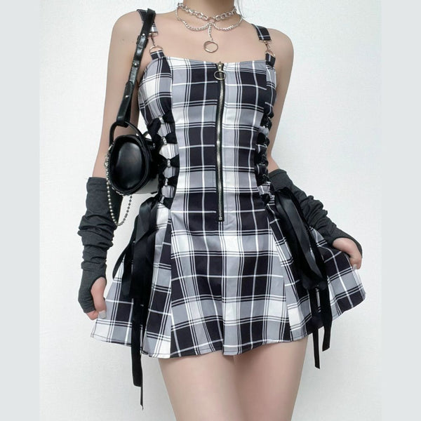 Plaid zip-up contrast sleeveless lace up backless mini dress