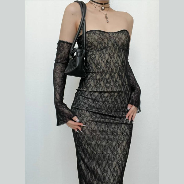 Lace gloves sweetheart neck backless tube midi dress