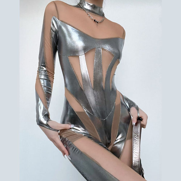 Metallic zip-up long sleeve gloves mesh patchwork high neck jumpsuit cyberpunk Sci-Fi Fashion