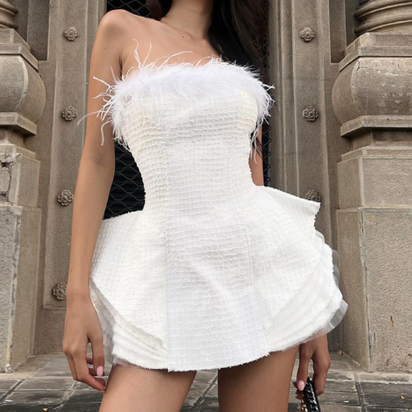 Feather ruffle tube mini dress