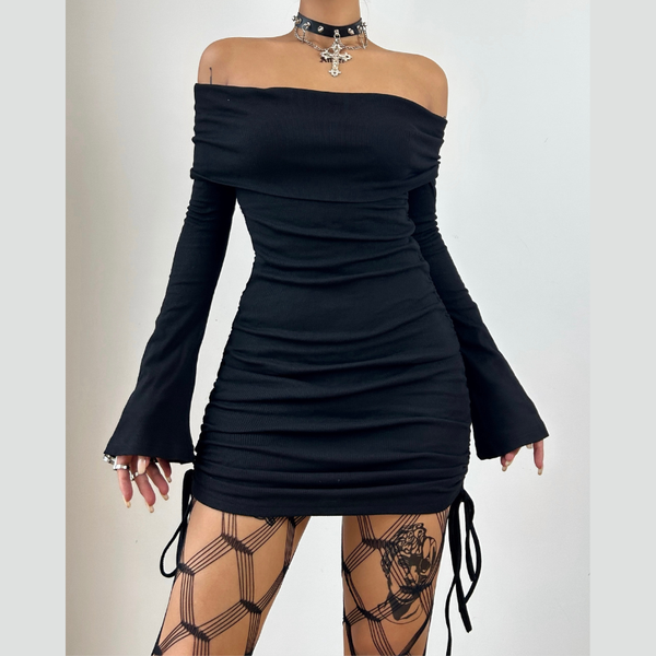 Long flared sleeve off shoulder drawstring mini dress
