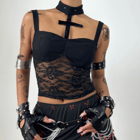 Halter lace button backless cami top