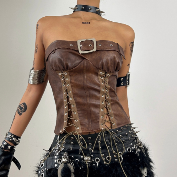 PU leather lace up buckle tube top