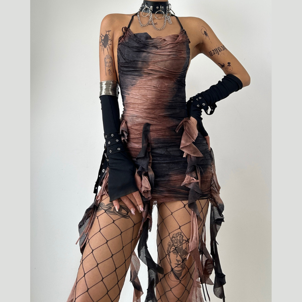 Halter backless tie dye ruffle mini dress