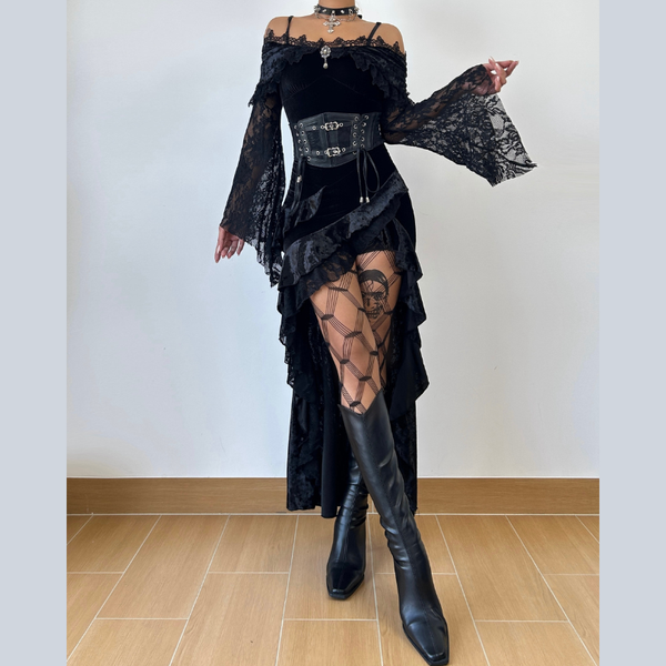Lace long sleeve off shoulder velvet maxi dress