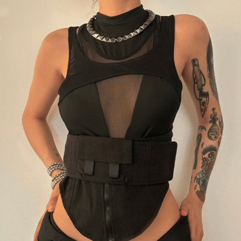 Hollow out high neck corset sleeveless zip-up crop top y2k 90s Revival Techno Fashion