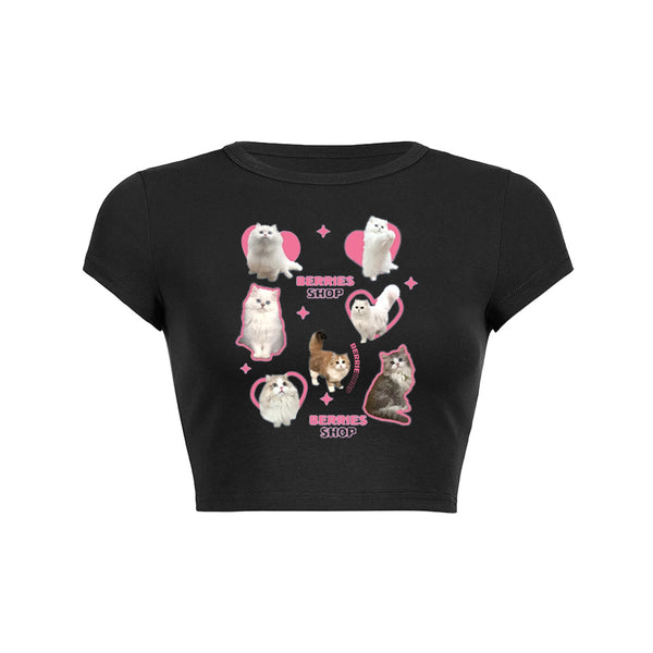 Many cat print crop top baby tee