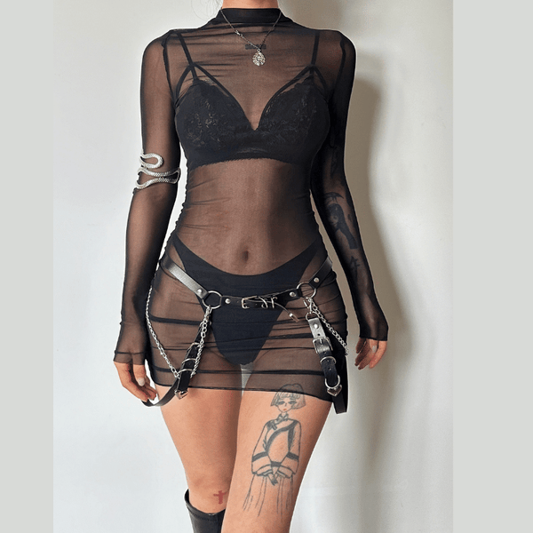 Sheer mesh see through solid long sleeve mini bodycon dress goth Emo Darkwave Fashion
