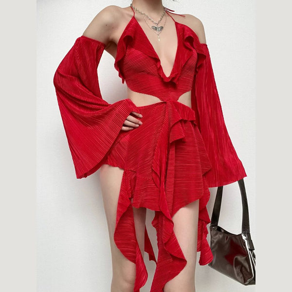 Textured gloves ruffle solid hollow out halter backless mini dress