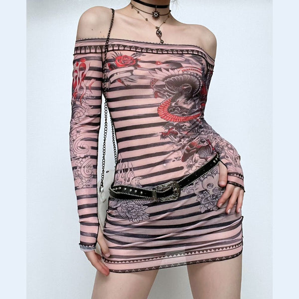 Stitch sheer mesh see through abstract off shoulder mini dress