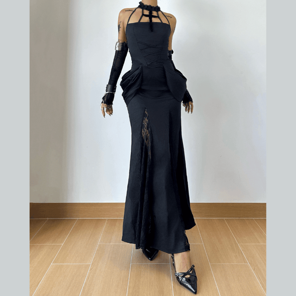 Halter hollow out ruched solid maxi dress