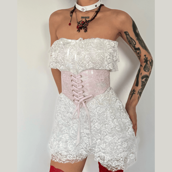 Bowknot lace backless ruffle tube mini dress