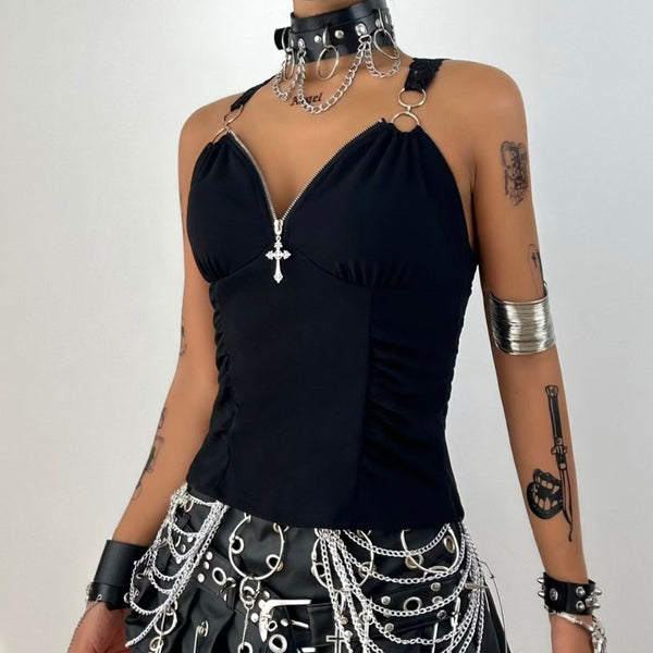 Ruched v neck o ring lace solid top