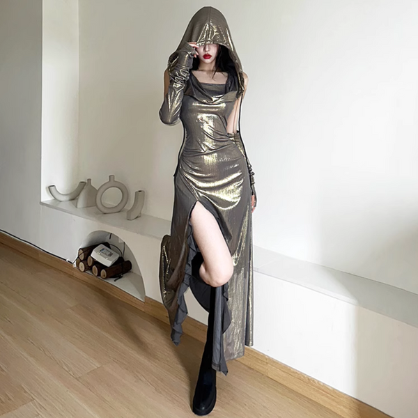 Hoodie high slit gloves irregular cowl neck metallic maxi dress