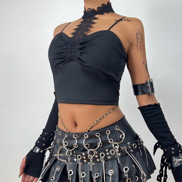 Halter lace hem solid padded cami top