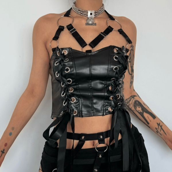 Lace up o ring PU leather halter backless crop top goth Alternative Darkwave Fashion goth Emo Darkwave Fashion