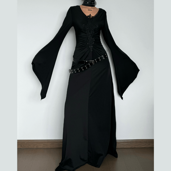 Long flared sleeve v neck embroidery maxi dress