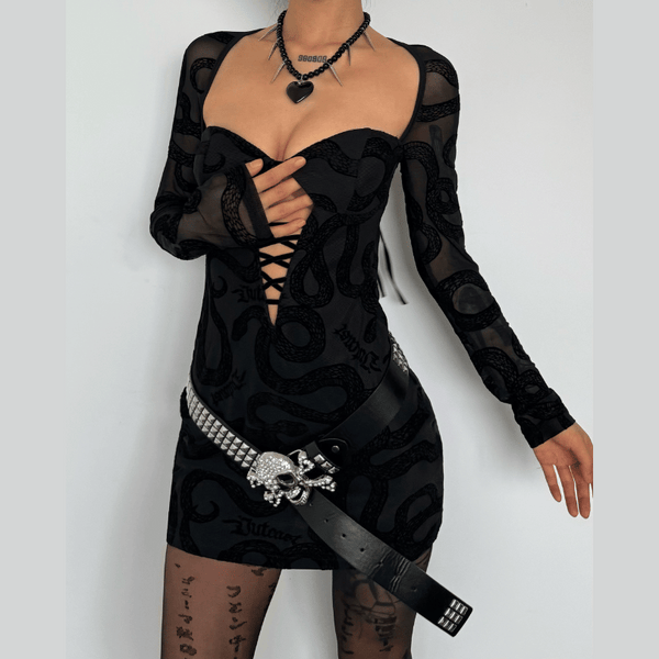 Mesh self tie long sleeve solid lace up mini dress