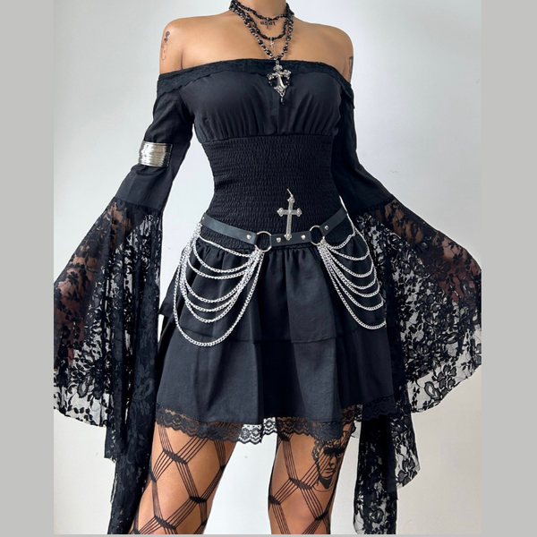 Long flared sleeve off shoulder lace ruched mini dress