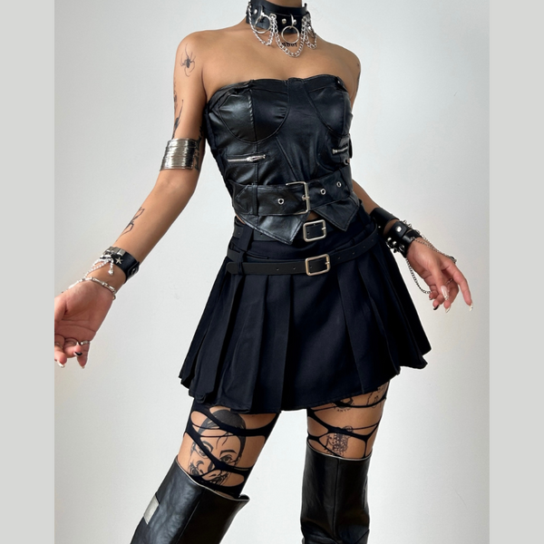 Zip-up PU leather pleated A line tube mini skirt set