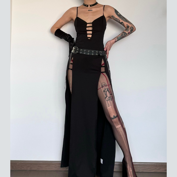 Hollow out high slit backless cami maxi dress