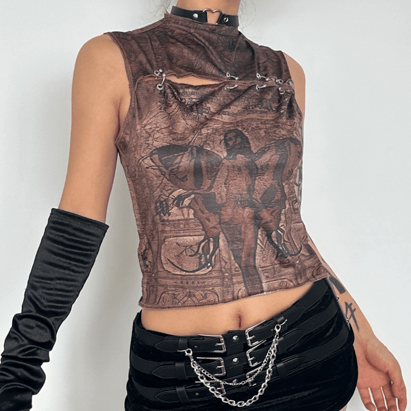 Stitch abstract print sleeveless hollow out o ring crop top grunge 90s Streetwear Disheveled Chic Fashion grunge 90s Streetwear Distressed Fashion