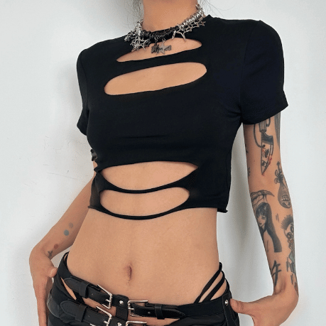 Short sleeve crewneck hollow out solid crop top