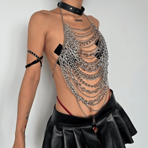Halter layered metal chain hollow out backless top