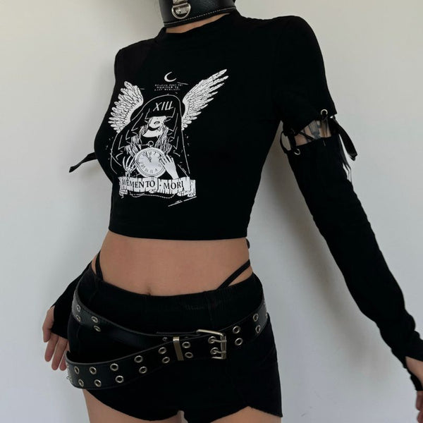 Round neck short sleeve removable gloves graphic top goth Alternative Darkwave Fashion goth Emo Darkwave Fashion